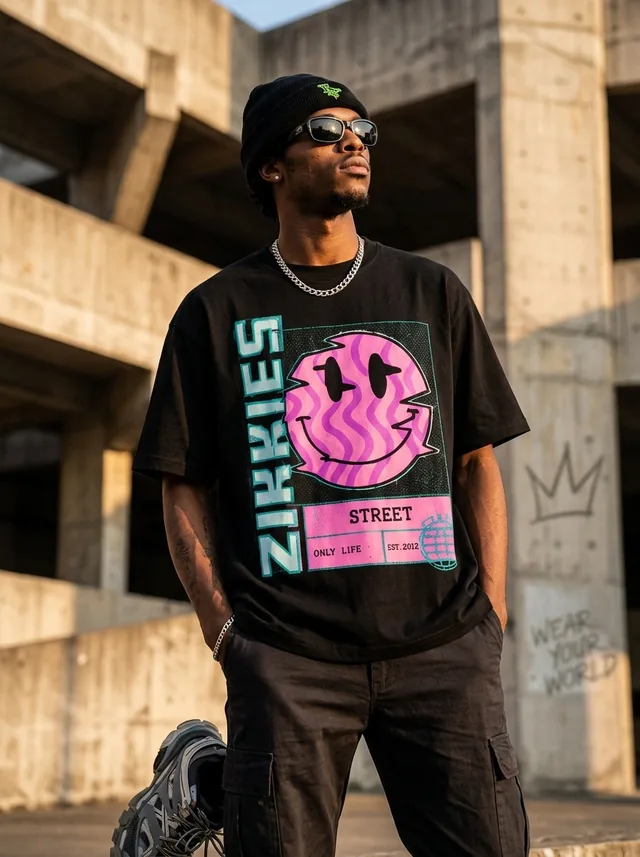 Glitch Smiley Tee — Model fit