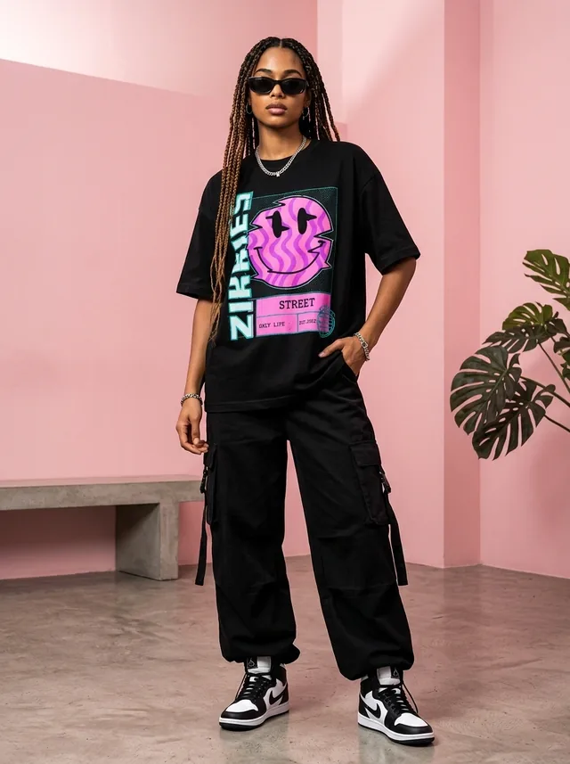 Glitch Smiley Tee — Standing lifestyle view