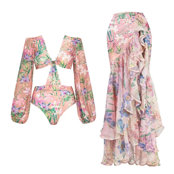 Floral Swimsuit With Ruffled Mesh Stitching