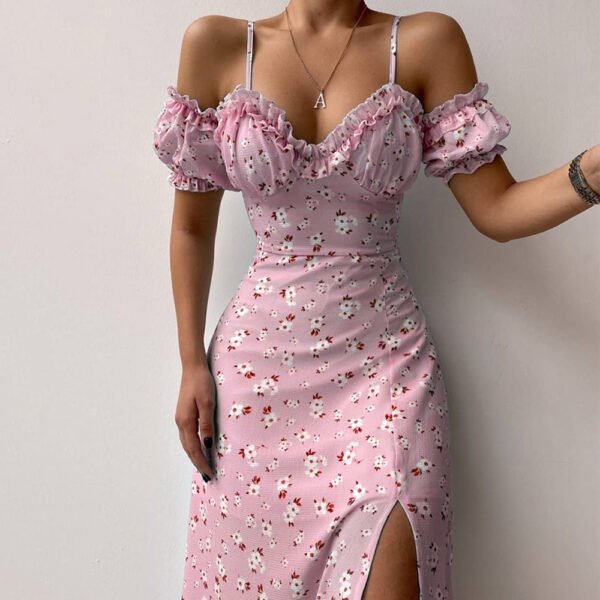 Ruffle Strapless Floral Slit Dress